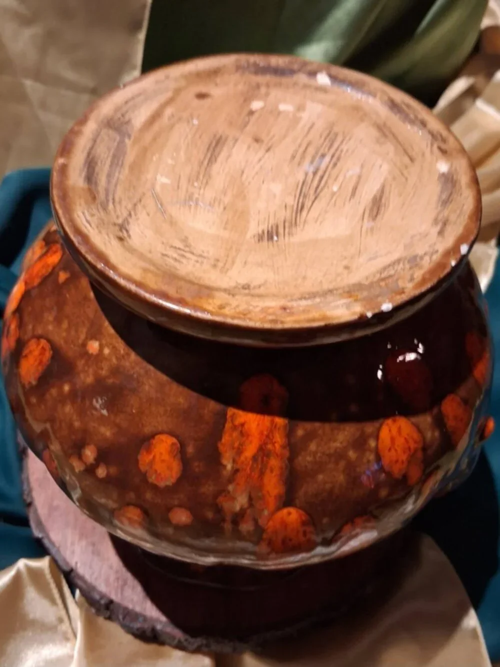 Vintage MCM 1970s Drip Glaze Vase Orange Brown Tortoiseshell Splatter Planter